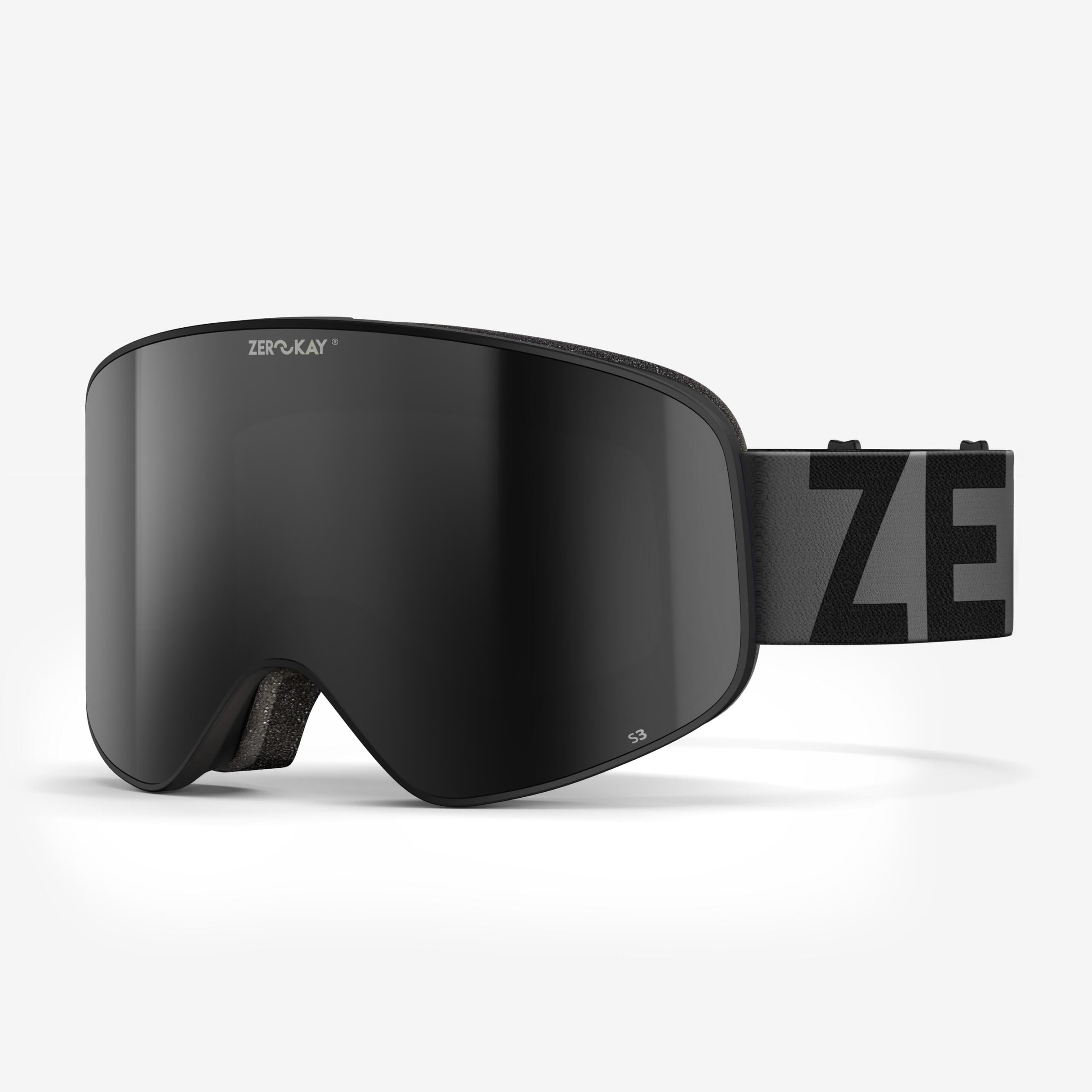 Zerokay Icon Ski Goggles with a black lens and black strap, featuring 3-layer antibacterial foam and anti-fog treatment for advanced vision and comfort.