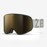 Zerokay IconPro Ski Goggles with gold splash colored lenses, polarized, photochromic, anti-fog treatment, and a white strap, delivering superior vision and style.