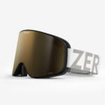 Zerokay IconPro Ski Goggles with gold splash colored lenses, polarized, photochromic, anti-fog treatment, and a white strap, delivering superior vision and style.