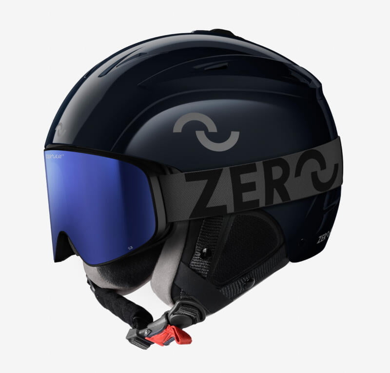 Image showcasing the Legend UltraGloss Ski Helmet in Oxford Blue paired with Icon Ski Goggles with a black strap and blue lens, creating a striking blend of elegance and performance.
