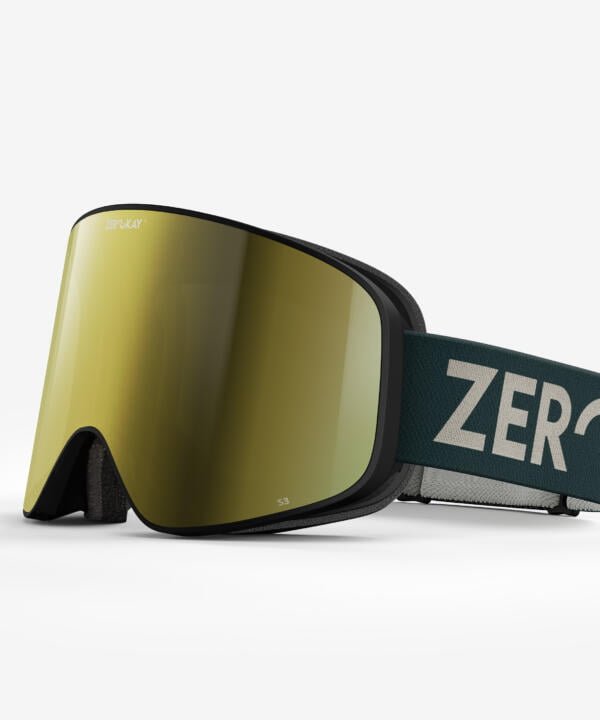 Zerokay Contrast Ski Goggles with a gold mirrored lens and green strap, boasting Italian craftsmanship, certified with anti-fog and antibacterial treatment for exceptional performance.