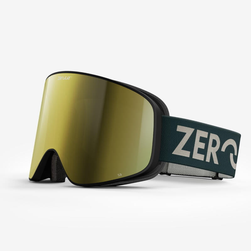 Zerokay Contrast Ski Goggles with a gold mirrored lens and green strap, boasting Italian craftsmanship, certified with anti-fog and antibacterial treatment for exceptional performance.