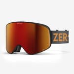 Contrast Ski Goggles with a red mirrored lens, grey strap with orange logo, featuring 3-layer antibacterial foam, made in Italy, ensuring S3 protection and superior performance.