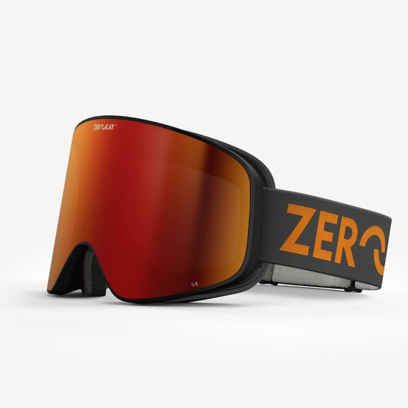 Contrast Ski Goggles with a red mirrored lens, grey strap with orange logo, featuring 3-layer antibacterial foam, made in Italy, ensuring S3 protection and superior performance.