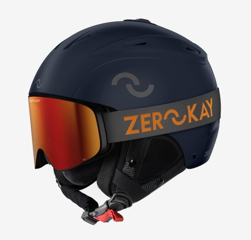 Image depicting the TechMatt Ski Helmet in Oxford Blue paired with Contrast Ski Goggles, featuring a grey strap and a vibrant red mirrored lens, creating a visually striking and stylish winter sports ensemble.