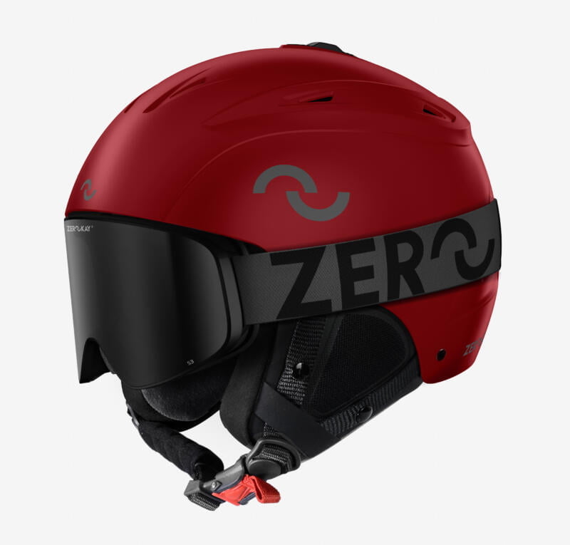 Image presenting the RedFusion Ski Helmet combined with Icon Ski Goggles, which have a black strap and a black lens, creating a striking and enigmatic winter sports ensemble.
