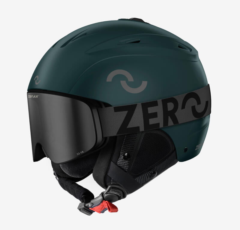 Image showing the Zerokay Legend TechMatt Ski Helmet in Castleton Green paired with IconPro Polarised Ski Goggles, featuring a sleek black strap and a flash silver lens, blending outdoor robustness with sleek technology.
