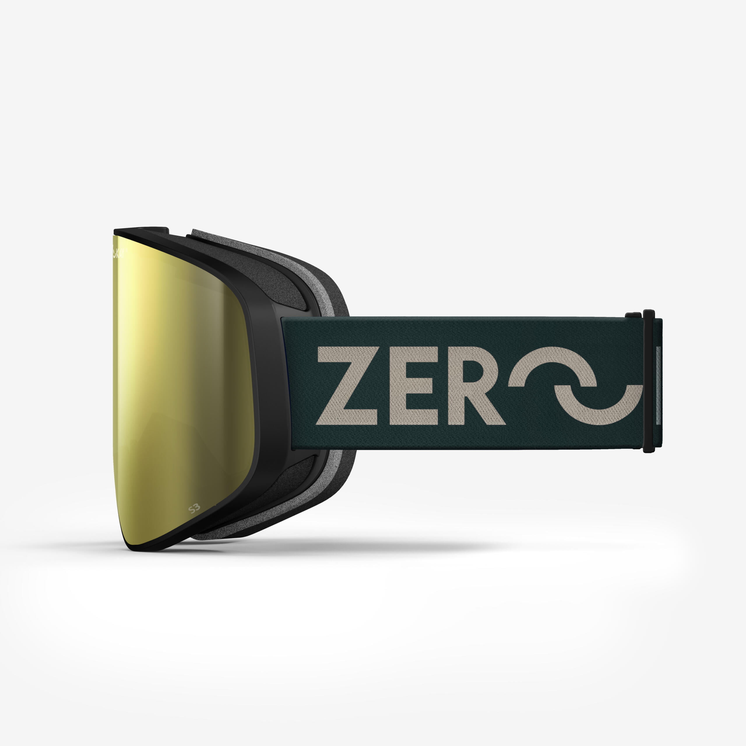 Masque de ski Zerokay Contrast avec un verre miroir or et élastique vert, vantant l'artisanat italien, certifié avec traitement anti-buée et antibactérien pour des performances exceptionnelles.