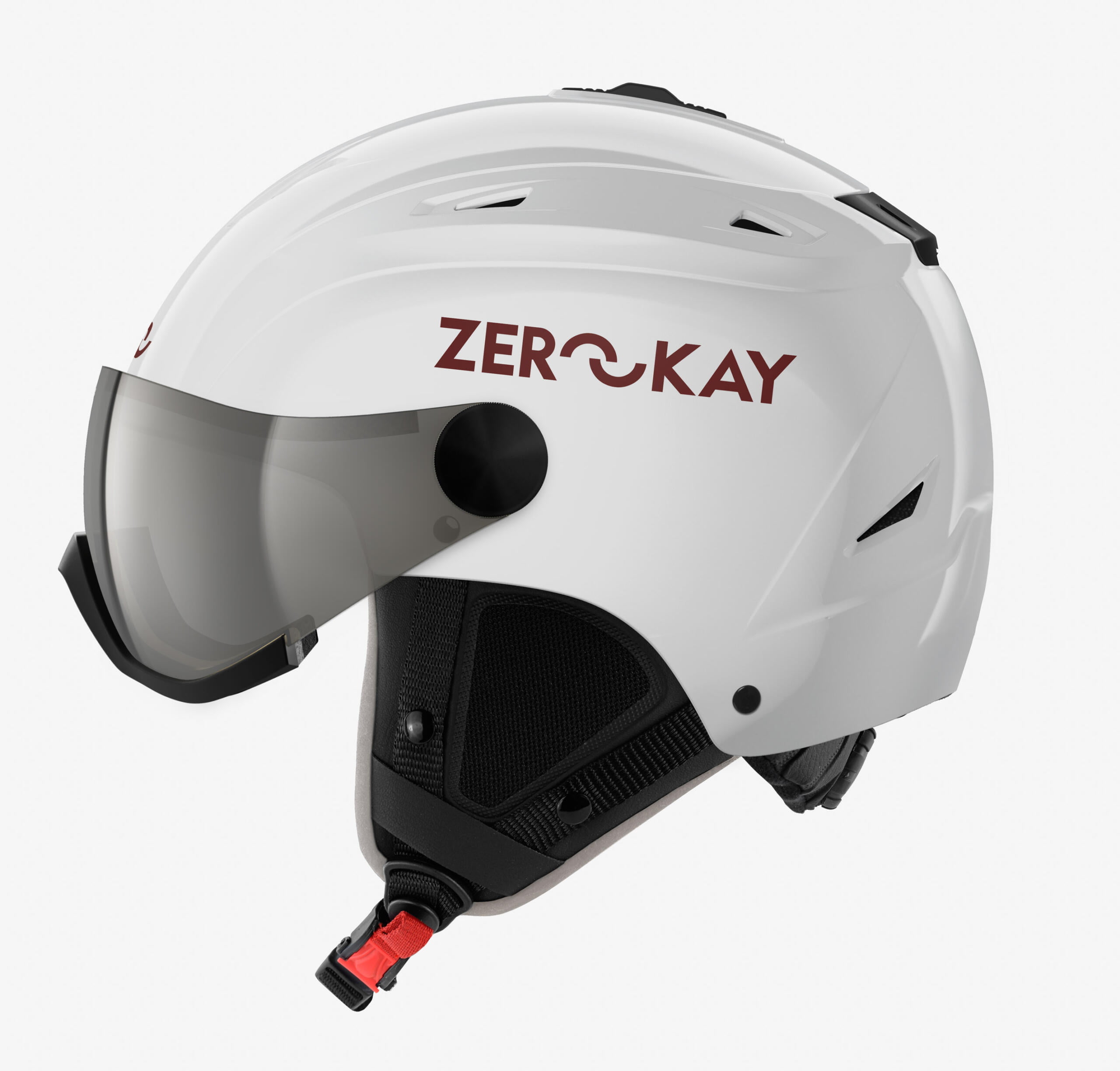 Zerokay luxury ski helmet with integrated visor in white with grey sanitised lining, featuring a gloss finish and offering superior comfort and certified safety features.