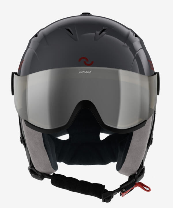 Zerokay Visor: premium ski helmet with integrated visor in grey with  grey padding, featuring a shiny finish and offering superior comfort and certified safety features.