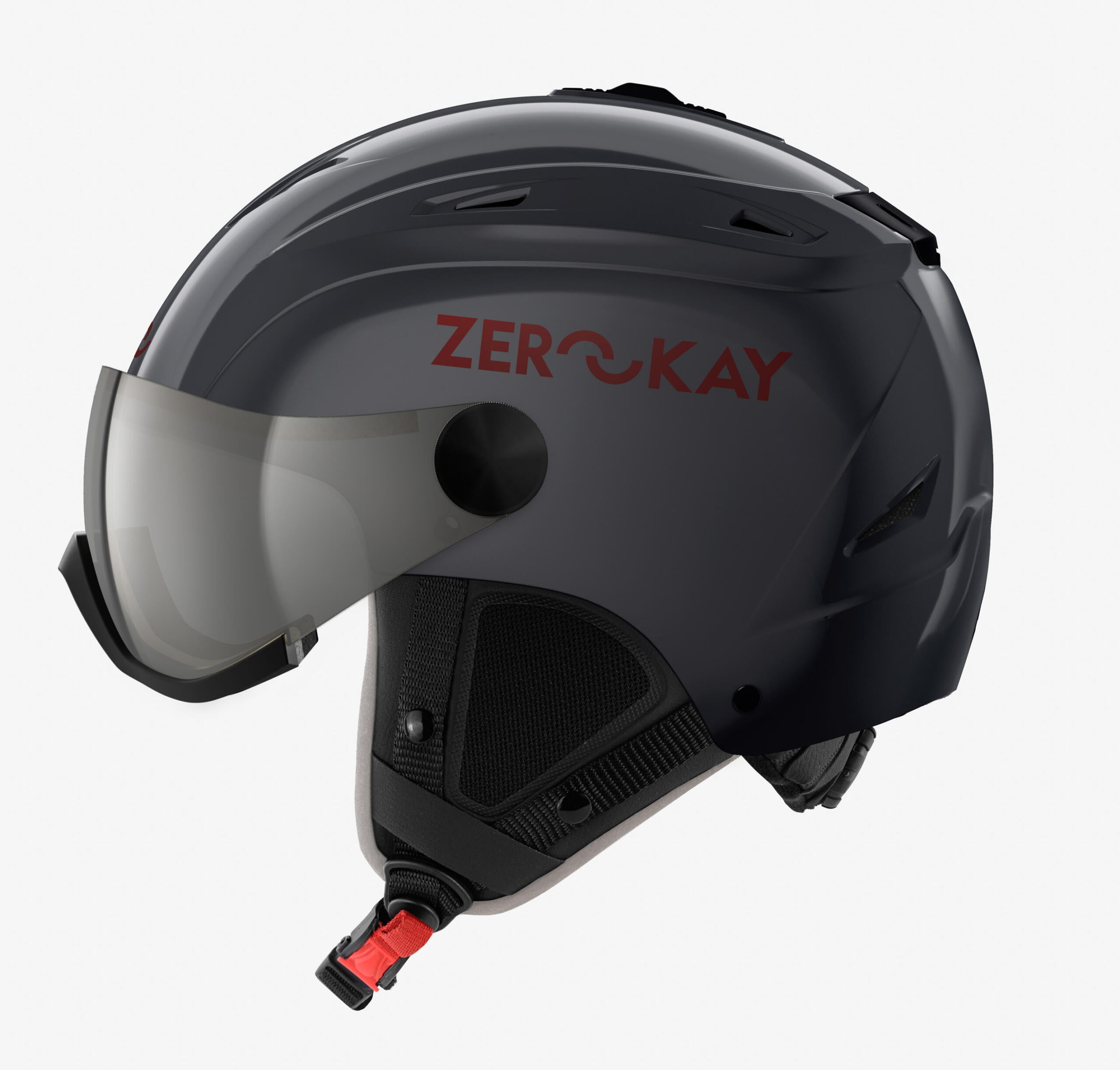 Zerokay Visor:  ski helmet with integrated visor  in grey with sanitised lining, featuring a gloss finish and offering superior comfort and certified safety features.