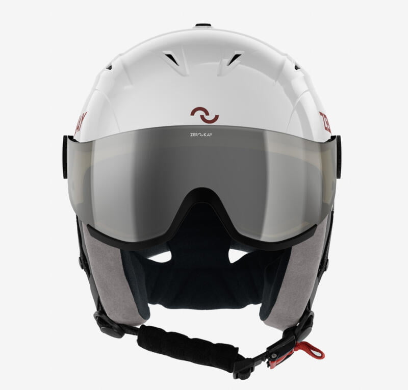 Zerokay premium ski helmet with integrated visor in white with grey padding, featuring a gloss finish and offering superior comfort and certified safety features.